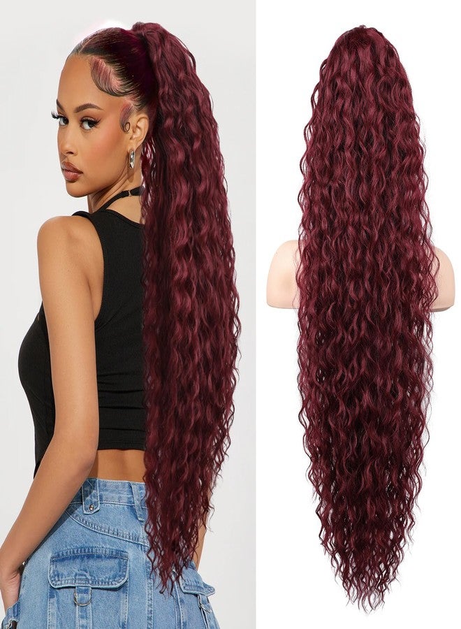 SEIKEA Ponytail Extension, 36" Long Lightweight Full Natural Curly Drawstring Ponytail Fake Pony Tail Multi Layered Soft Clip in Hair Extensions Synthetic Hairpiece Burgundy - Image 1